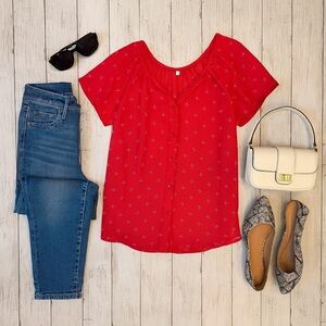 Old Navy| Red Sheer Tie Front Button Down Blouse